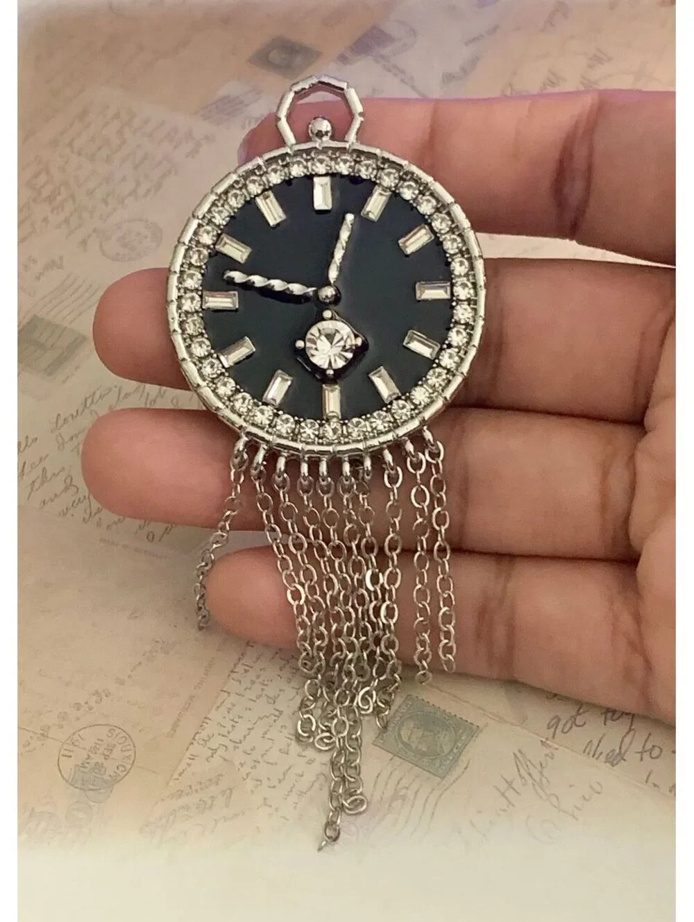 Dazzling Silver Chain Fringe Watch Face Brooch Pin with Rhinestones